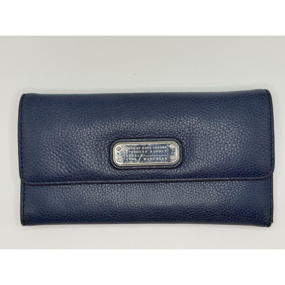 Marc Jacobs Dark Blue Pebbled Cow Leather Bi-Fold Full Size Snap Button Wallet